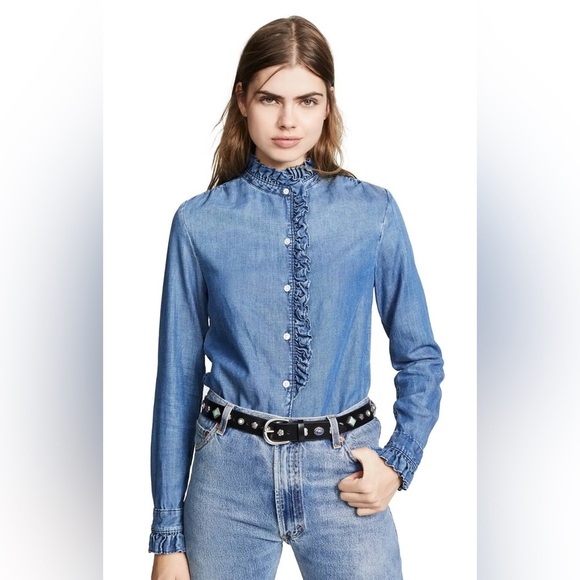 FRAME | Springfield ruffle denim top | size medium - Picture 2 of 9